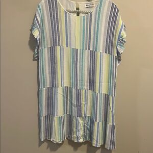 Solution Tiered Dress L Large Blue Green Striped Ruffle Sleeve 100% Rayon 22x32